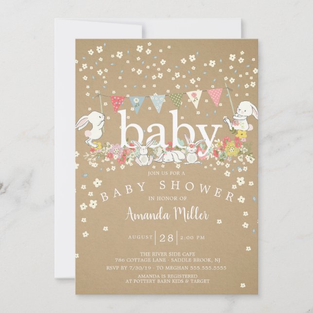 Invitation Bébé doux lapins Baby shower neutre (Devant)