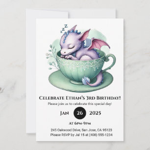Invitation Bébé Dragon Endormi dans une Théière pour Annivers