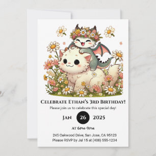 Invitation Bébé Dragon et Fluffy Chat en Flower Anniversaire