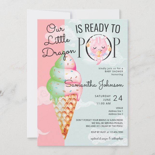 Invitation Bébé Dragon prêt à pop Baby shower de crème glacée (Devant)