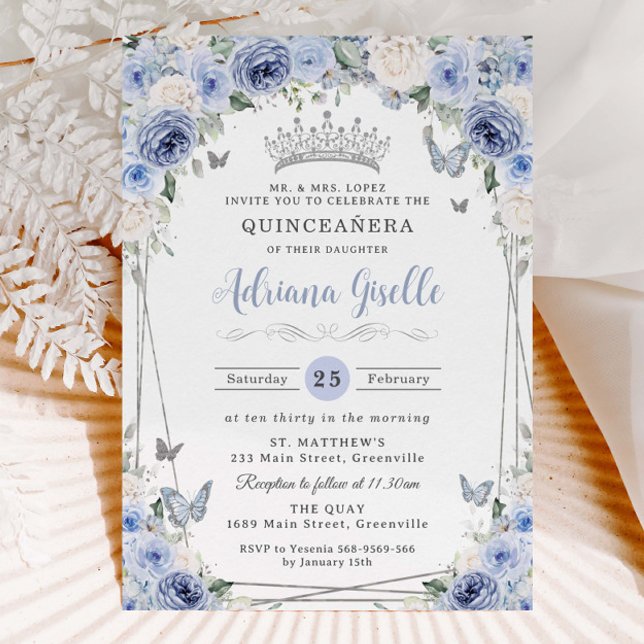 Invitation Bébé Dusty Bleu Blanc Floral Argent Quinceañera 16 (Créateur téléchargé)