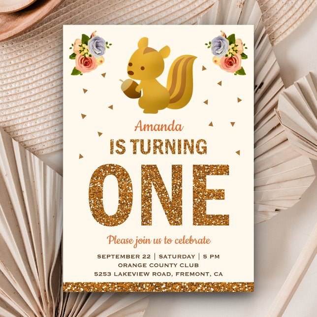 Invitation Bébé Écureuil Filles Bois Floral Premier anniversa (Créateur téléchargé)