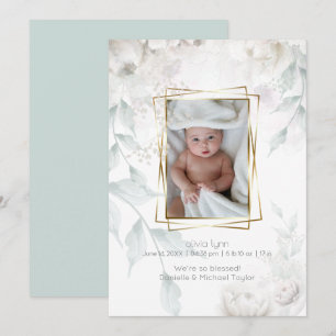 Invitation Bébé   Elégant Albâtre Peonies blanches