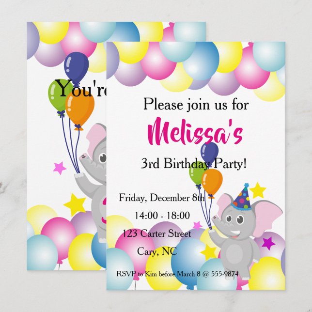 Invitation Bébé éléphant ballons anniversaire (Devant / Derrière)