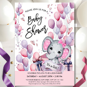 Invitation Bébé Eléphant Ballons rose Étoiles Baby shower