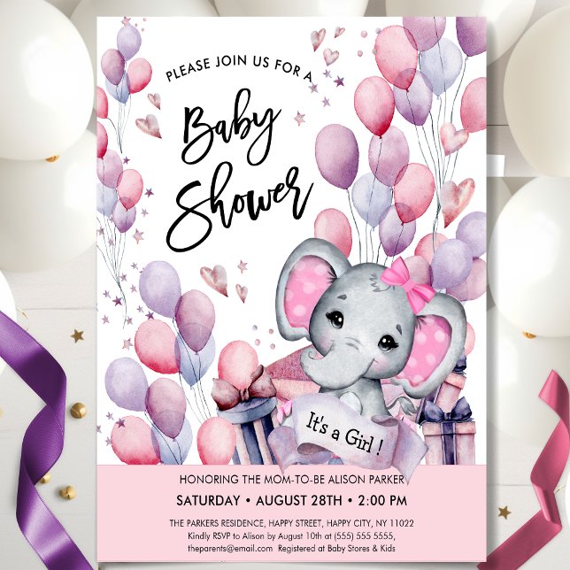 Invitation Bébé Eléphant Ballons rose Étoiles Baby shower (Créateur téléchargé)