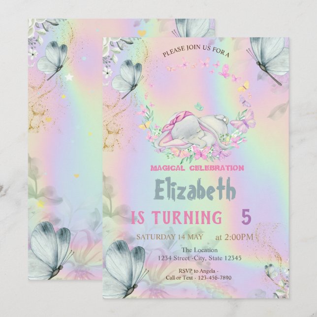 Invitation Bébé Eléphant Bleu Papillons Holographique (Devant / Derrière)