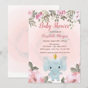 Invitation Bébé Eléphant Couronne Floral Baby shower Invitati