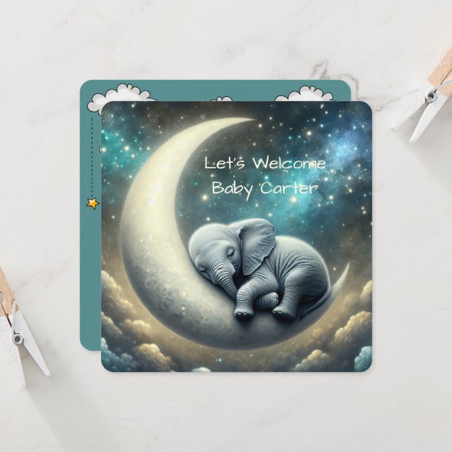 Invitation Bébé Eléphant Dormir Sur Crescent Moon (Devant/Arrière en situation)