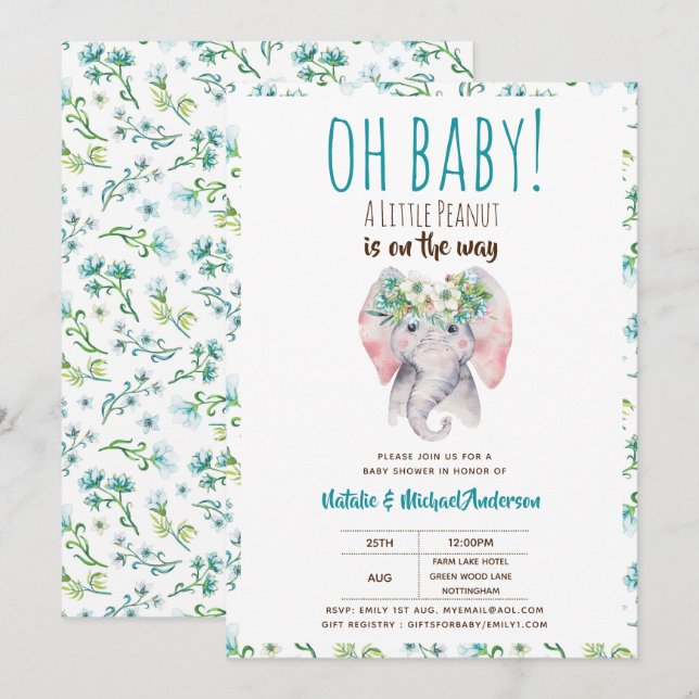 Invitation Bébé Eléphant Douche Invitation, Boho Floral (Devant / Derrière)