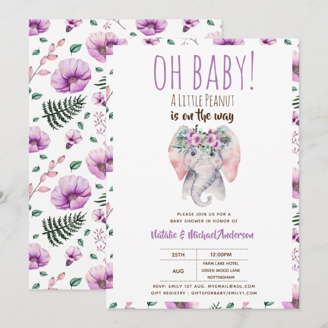 Invitation Bébé Eléphant Douche Invitation, Boho Floral (Devant / Derrière)
