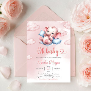 Invitation Bébé éléphant mignon dans lit bébé rose et bleu