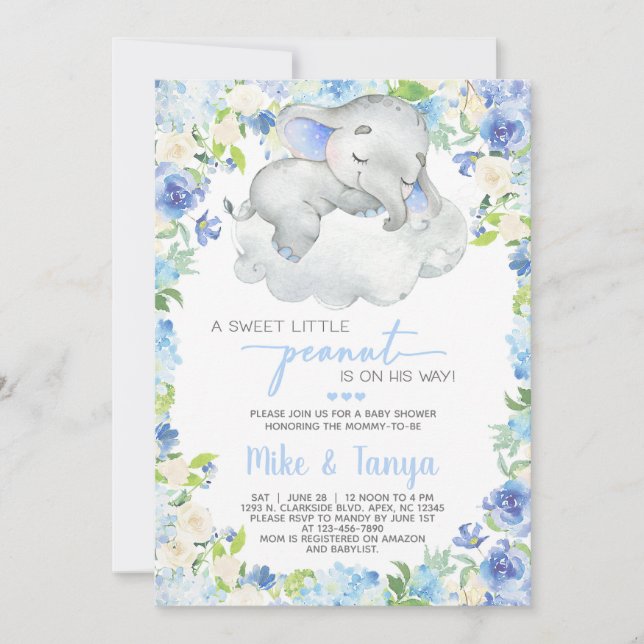 Invitation Bébé éléphant & nuage garçon baby shower invitatio (Devant)