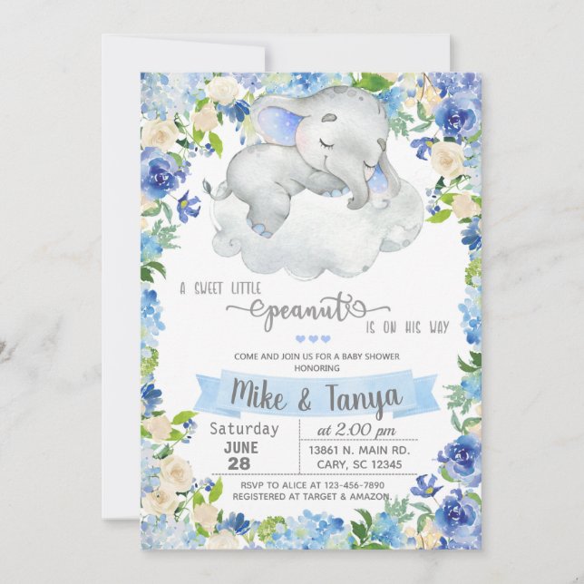 Invitation Bébé éléphant & nuage garçon baby shower invitatio (Devant)
