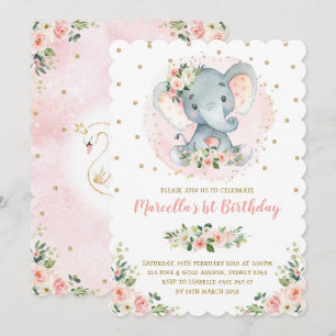 Invitation Bébé Eléphant Peach Blush Gold 1er anniversaire