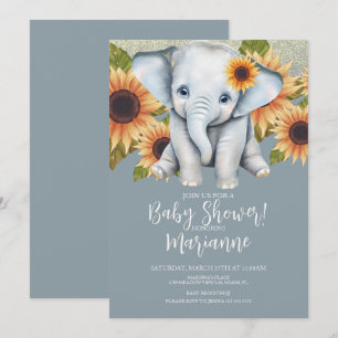 Invitation Bébé Éléphant Shower de Naissance Tournesol Paille