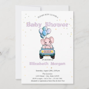 Invitation Bébé éléphant, Voiture, Baby shower étoiles