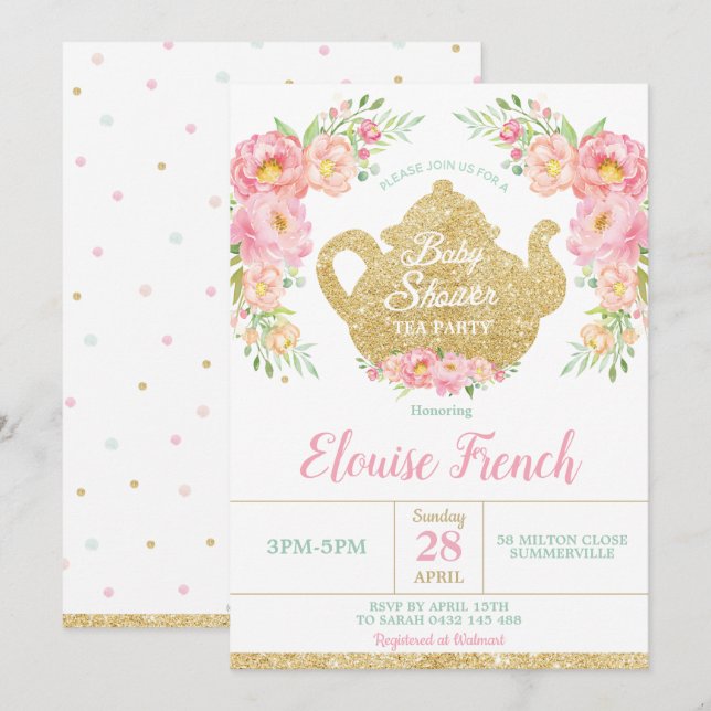 Invitation Bébé en bon état floral rose de partie de goûter (Devant / Derrière)