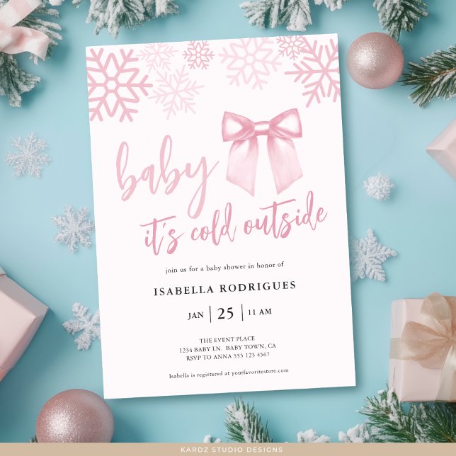Invitation Bébé en Bow rose Son Baby shower extérieur froid (Front of invite shown in 5 x 7 inches with square corners. Personalize, choose paper + corner style.)