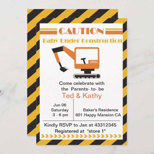 Invitation Bébé en construction Baby shower (Devant / Derrière)