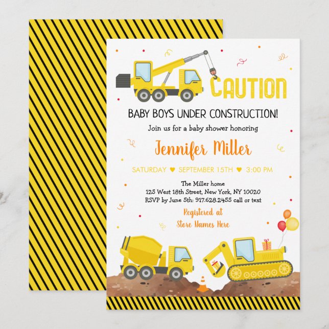 Invitation Bébé en construction Twin Boy Baby shower Camion (Devant / Derrière)