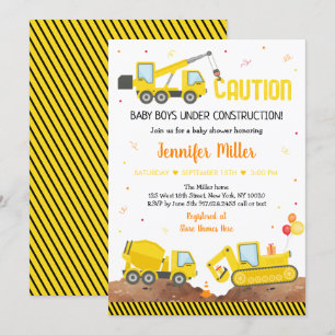 Invitation Bébé en construction Twin Boy Baby shower Camion