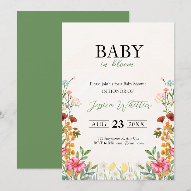 Invitation Bébé en Fleur Aquarelle Baby shower Floral (Devant / Derrière)