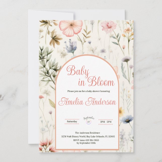 Invitation Bébé en Fleur Aquarelle Fleur sauvage Douche Flora (Devant)