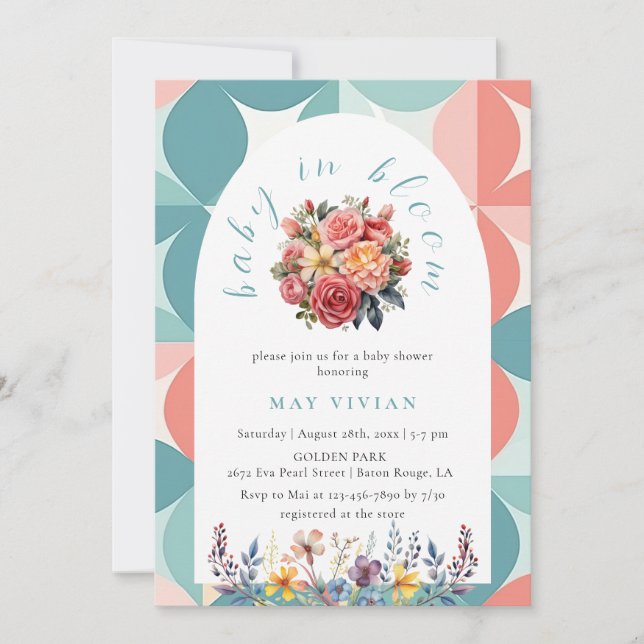 Invitation Bébé en Fleur Aquarelle Florale Carrelage bleu Dou (Devant)