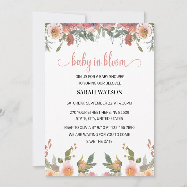 Invitation Bébé en Fleur Aquarelle Florale Fille Douche (Devant)
