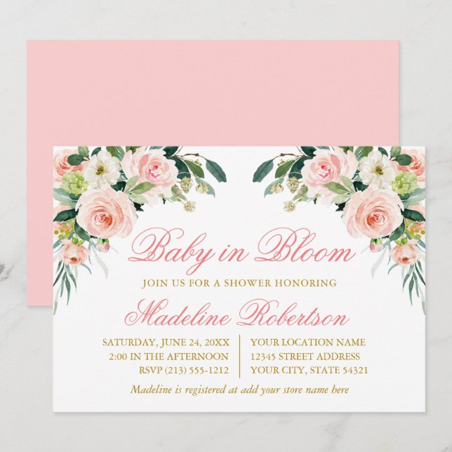 Invitation Bébé En Fleur Aquarelle Rose Blanc Floral Douche (Devant / Derrière)