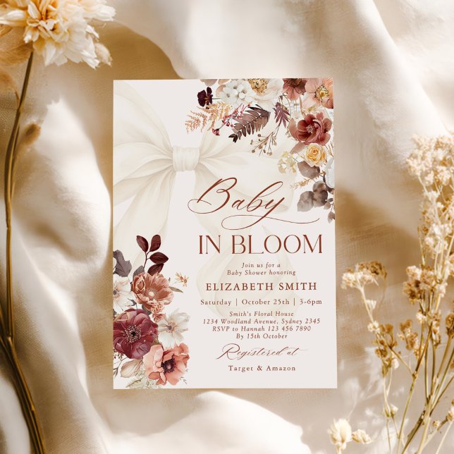 Invitation Bébé En Fleur Automne Floral White Bow Baby shower (Créateur téléchargé)