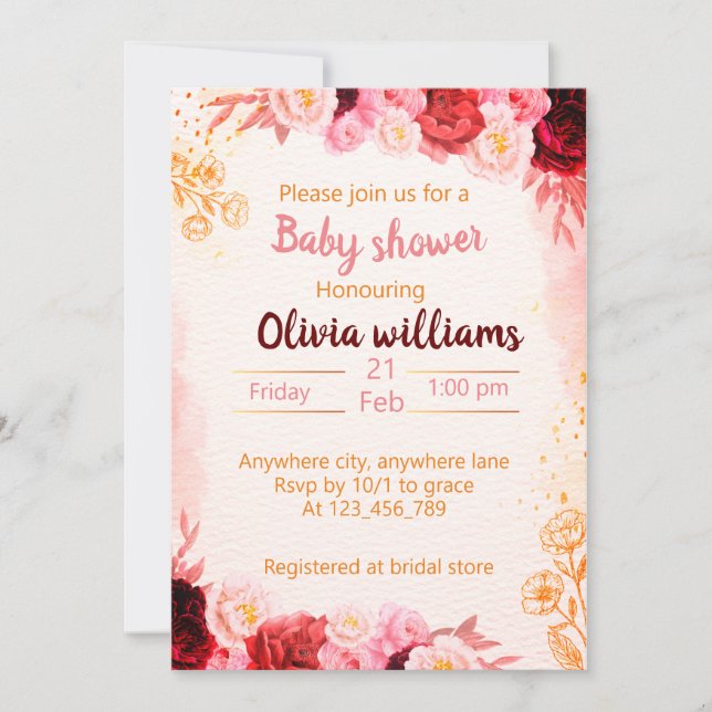 Invitation Bébé en fleur avec aquarelle rose rousse bordeaux (Devant)