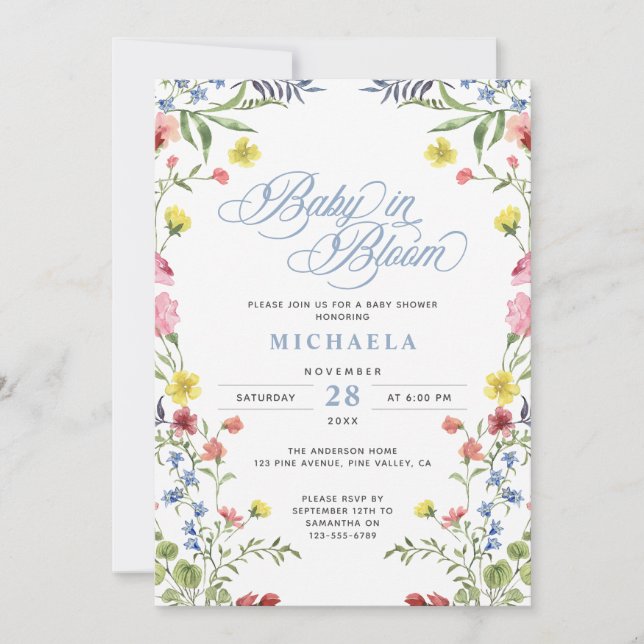 Invitation Bébé en fleur Baby shower aquarelle Floral (Devant)