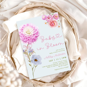 Invitation Bébé en Fleur Baby shower bleu cou rose