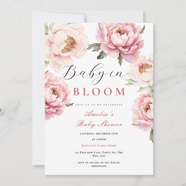 Invitation Bébé en fleur Baby shower Élégant pivoines roses (Devant)