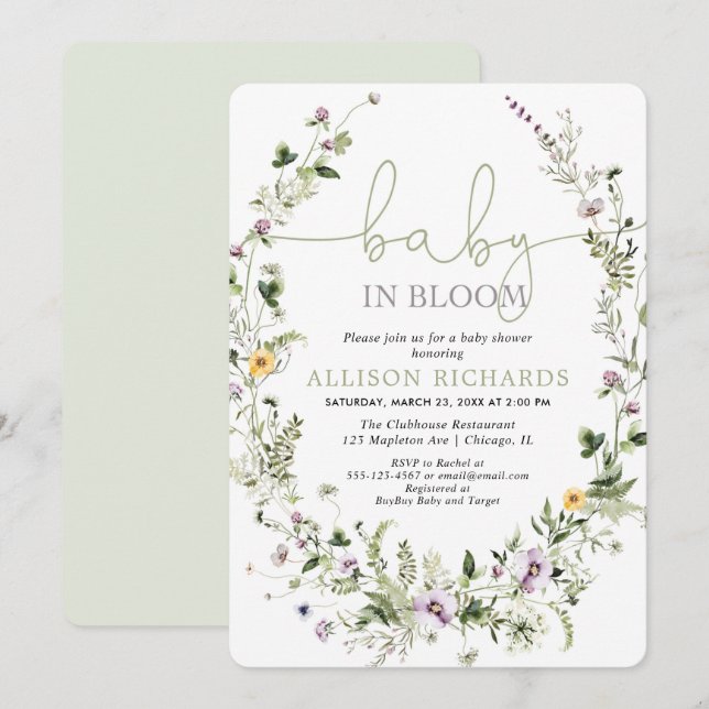 Invitation Bébé en Fleur baby shower fleur sauvage romantique (Devant / Derrière)
