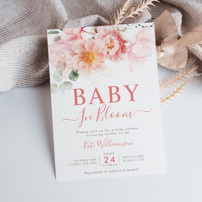 Invitation bébé en fleur baby shower fleuri rose (Créateur téléchargé)