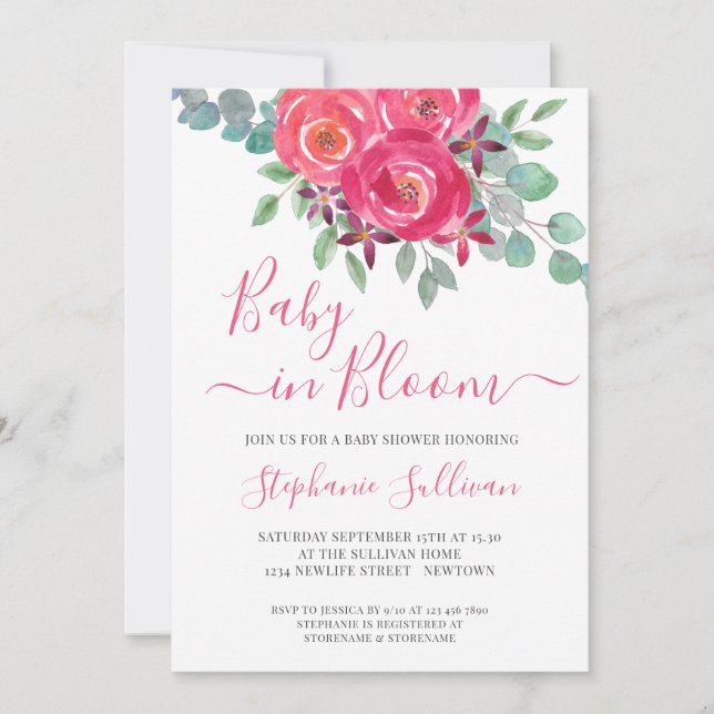 Invitation Bébé en Fleur Baby shower Floral rose (Devant)