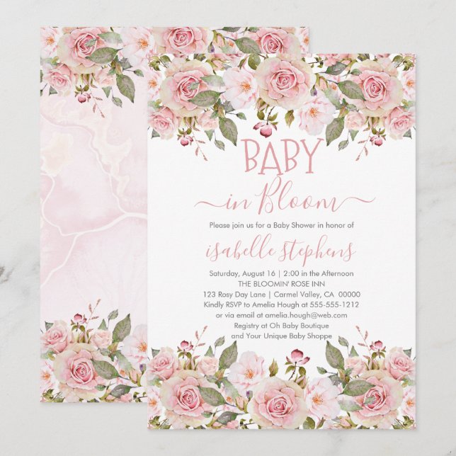 Invitation Bébé en Fleur Baby shower Floral rose (Devant / Derrière)