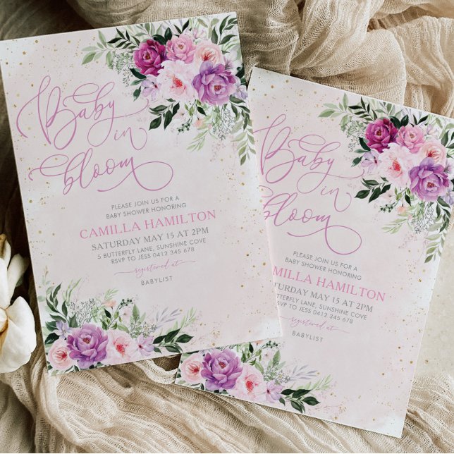Invitation Bébé En Fleur Baby shower Floral Rose Violet (Créateur téléchargé)