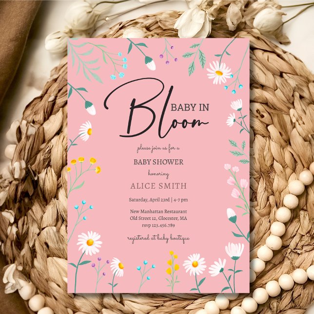 Invitation Bébé en fleur Baby shower marguerite rose (Créateur téléchargé)