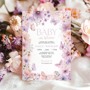 Invitation Bébé en Fleur Baby shower Papillon Floral Purple