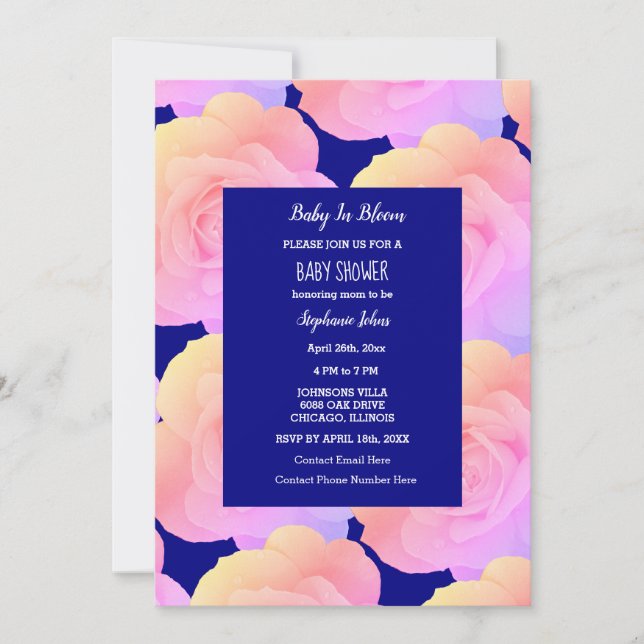 Invitation Bébé En Fleur Baby shower Rose Rose Floral Bleu (Devant)