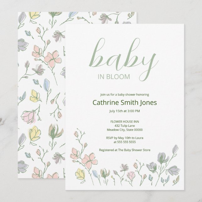 Invitation Bébé en fleur Baby shower Sexe Neutre (Devant / Derrière)