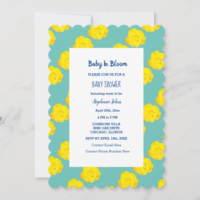 Invitation Bébé en fleur Baby shower Turquoise Roses Jaunes F (Devant)