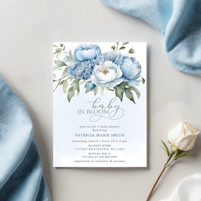 Invitation Bébé en Fleur bleu Baby shower Floral Garçon (Baby in Bloom Blue Floral Boy Baby Shower Invitation)