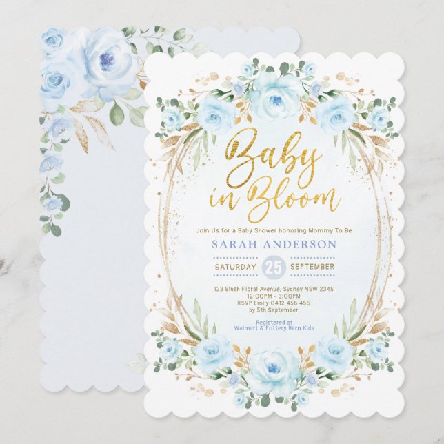 Invitation Bébé en Fleur Bleu doux Or Floral Douche garçon (Devant / Derrière)