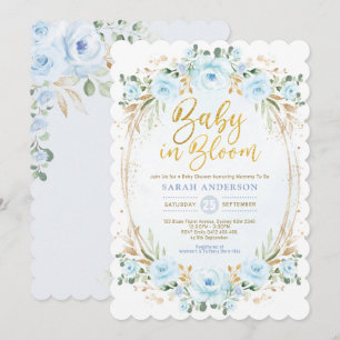 Invitation Bébé en Fleur Bleu doux Or Floral Douche garçon