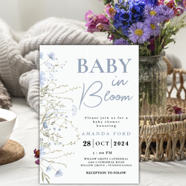 Invitation Bébé en Fleur bleu Floral Fleur sauvage Baby showe (Créateur téléchargé)